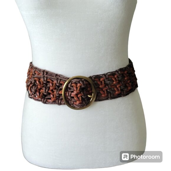 Macrame Leather and Rope Boho Woven Belt with Round Gold Tone Buckle Y2K - Picture 2 of 9